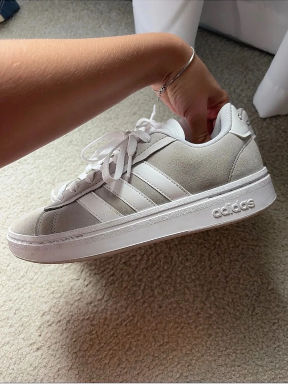 adidas Women's Beige Suede Court-Style Sneakers with White Stripes